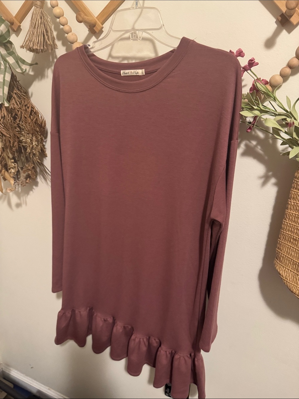 Heart Hips Dusty Mauve Ruffle-Hem Long Sleeve Tee